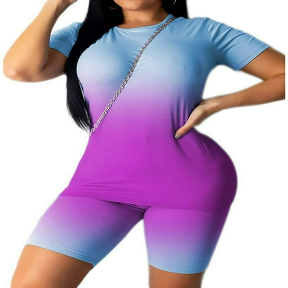 Women Tracksuit Sports Suit Crop Top Pants Outfit Yoga Workout High Waist Tight 2Pcs Outfit Set Gradient Blue/Perple L