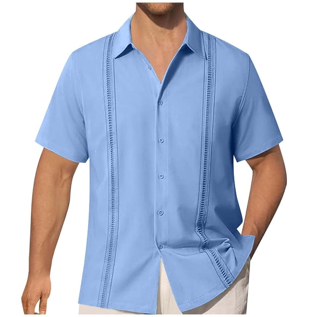 Mens Botón Abajo Camisa de Manga Corta Arrugas Libres, Ropa Gira Abajo Cuello Casual Estilo Deportivo de la Playa Superior para el Verano
