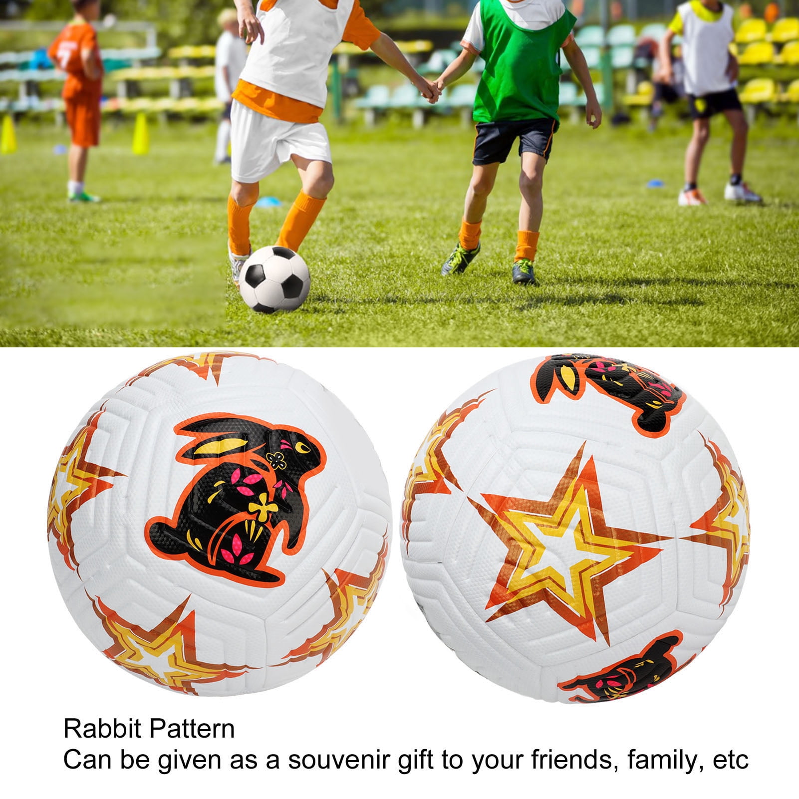 Riousery Standard Size 5 Soccer Ball, High Elasticity PU Leather Match Training Football with Commemorative Rabbit Pattern Design, White (Weight 14.28 oz / 405 g)
