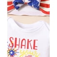 thumbnail image 4 of Wassery Baby Girls Fourth of July Outfits Short Set 6 9 12 18 Months Infant Girls Americana Clothing Short Sleeve Firework Letter Print Romper + Shorts + Headband Set Summer Independence Day Clothes, 4 of 9