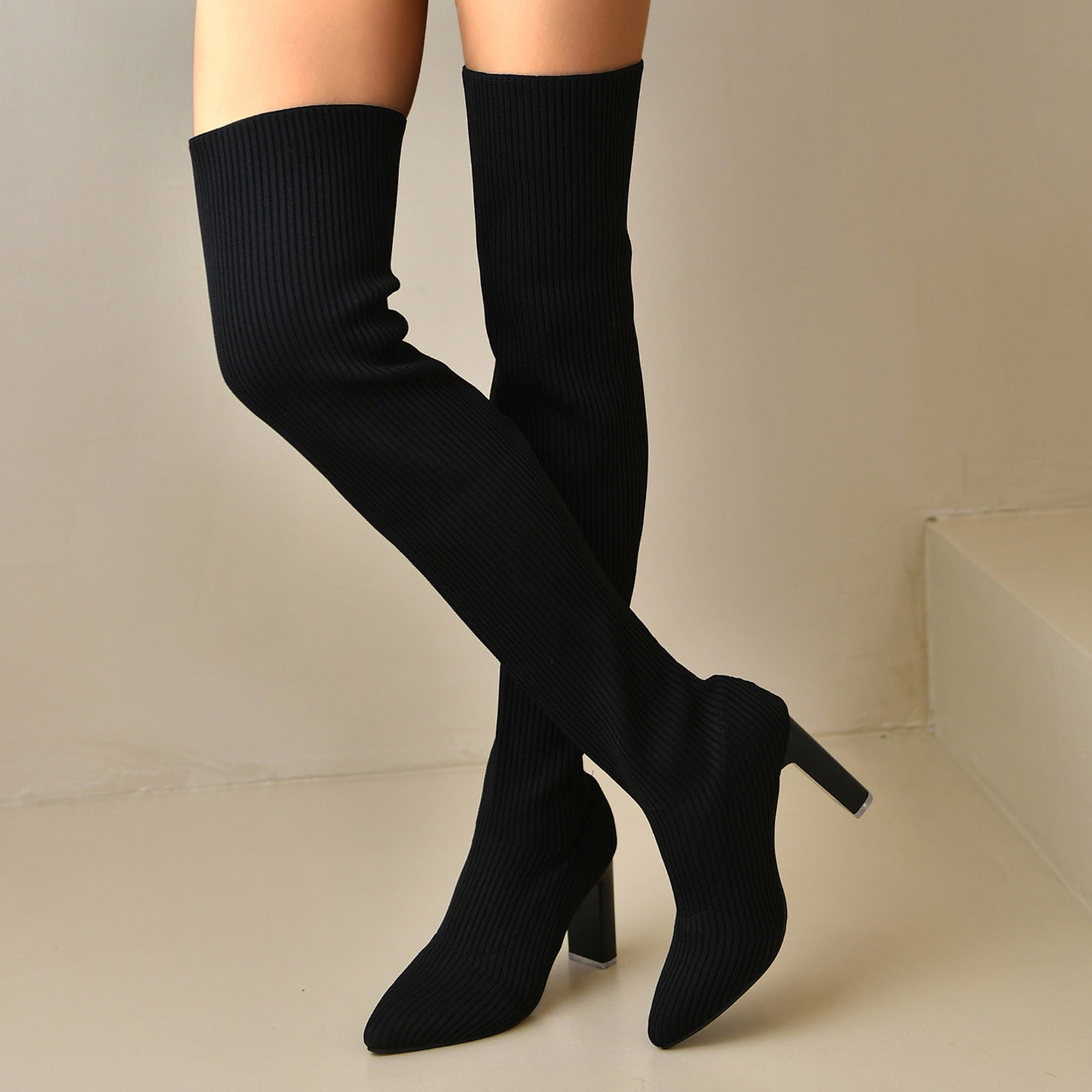 Summer Saving Clearance AXXD Women's Elastic Pointy Toe Boots Over The Knee Boots for Women Clearance Black Size 37(US:6)
