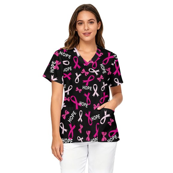Binienty Pink and black Scrub Top for Women Breathable V Neck Nurse Uniform Comfortable Stretchy Shirts with Pockets