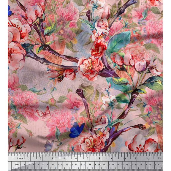 Soimoi Pink Cotton Cambric Fabric Insect,Peach & Pink Floral Print Sewing Fabric BTY 56 Inch Wide