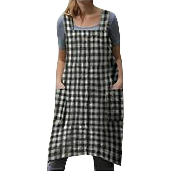 IROINNID Sleeveless Square Neck Dress For Women Pinafore Apron Baking Cooking Cross Back Blend Dress With Pockets Prints Knee-Length Shift Dress
