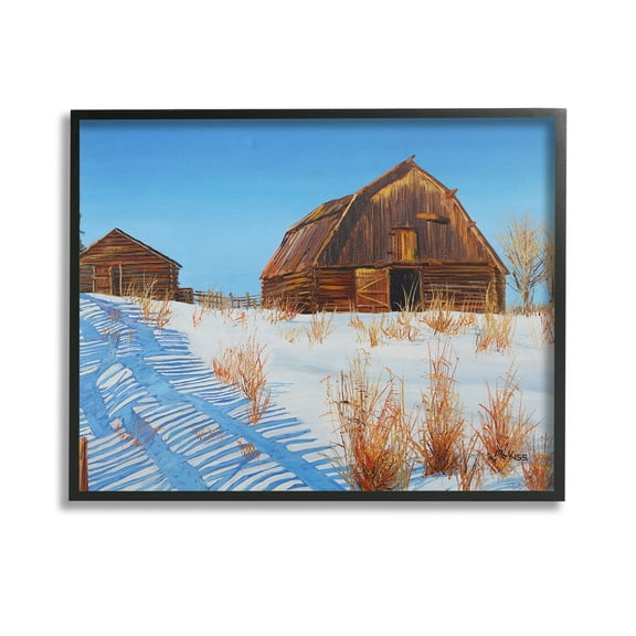 Stupell Industries Winter Country Barn Landscape Painting Black Framed Art Print Wall Art, 14 x 11