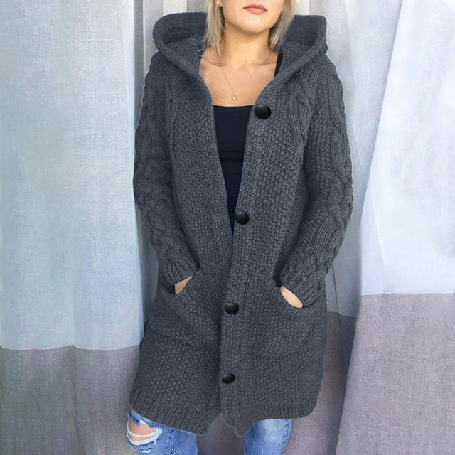 Puntoco - Cárdigan largo de punto de cable de manga larga para mujer, suéter con capucha y botones delanteros abiertos, ropa de abrigo Puntoco Puntoco-2480