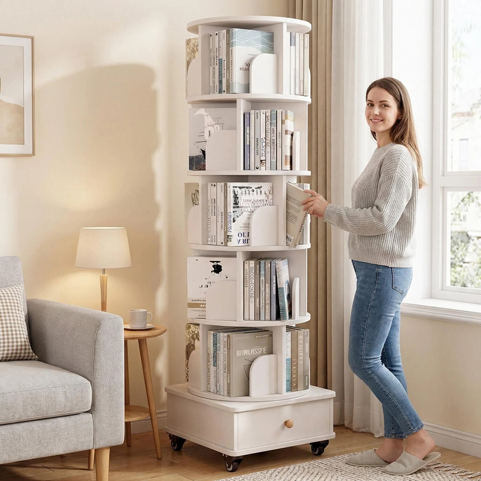 Atumcto Rotating Bookshelf with Drawer, 6 Tier 360 ° Corner Bookcase with Wheels, Tall Narrow Storage Shelf for Small Spaces, Bedroom Living Room, White