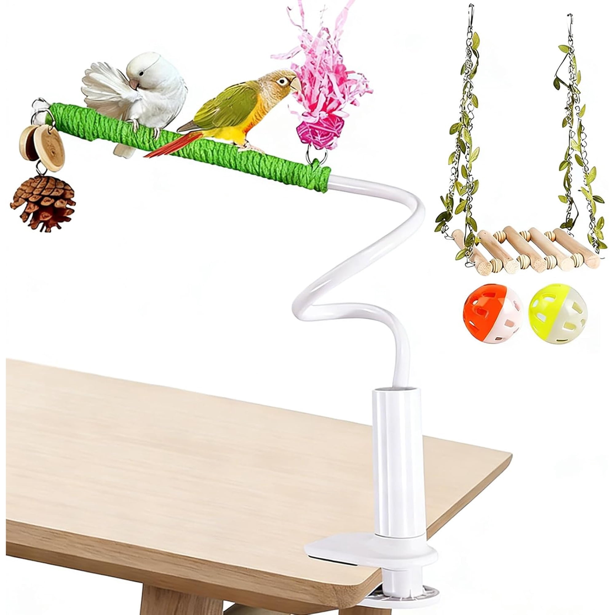 Bird Perch - 70cm Portable Bendable Tabletop Bird Swing with Clip, Flexible Desktop Standing Pole for Canaries, Finches Cockatiels, Versatile Indoor/Outdoor Enrichment Toy Home Garden