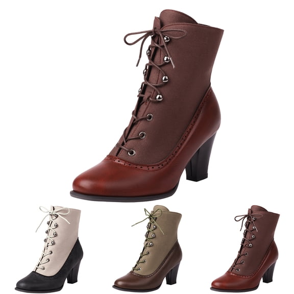 Modisza Victorian Boots for Women Granny Boots Ankle Boots 70s Lace Up Booties Low Heel with Zipper Ladies Retro Leather Boot