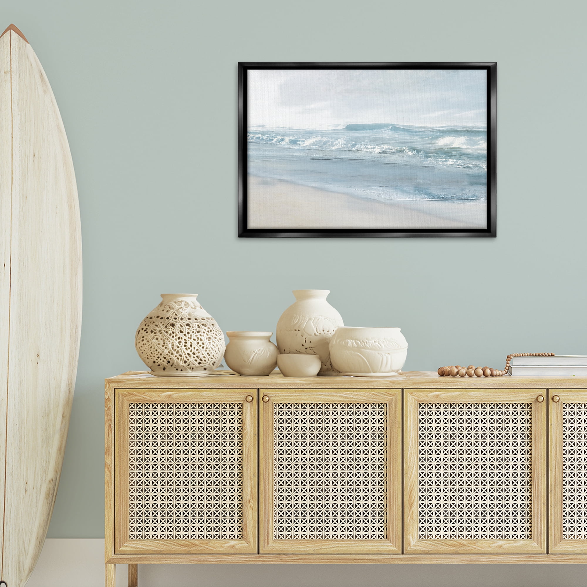 Stupell Industries Calm Blue Beach Waves Nautical & Beach Painting Black Floater Framed Canvas Art Print Wall Art, 31 x 21