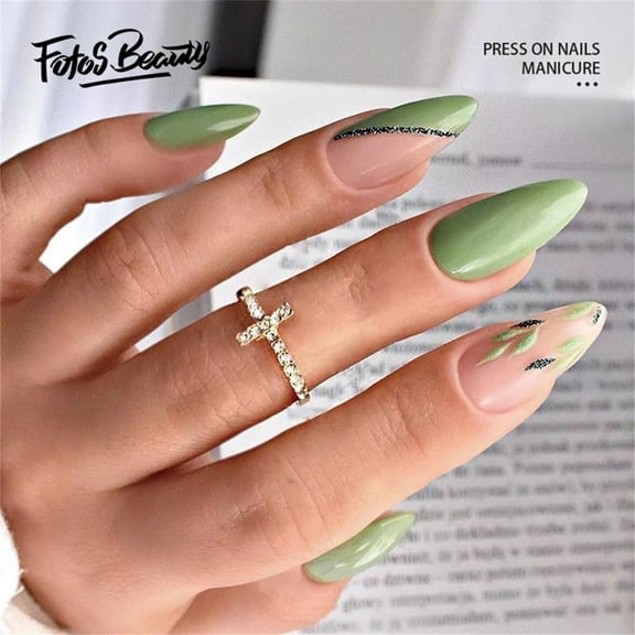 Fofosbeauty 24 pcs Almond Fake Nails, Medium Press on French Tip Nails, Almond Mint Green Matte Leaves