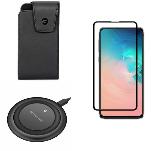 Galaxy S10e Wireless Charger w Case Belt Clip w Screen Protector - Fast 7.5W and 10W Charging Pad, Leather Swivel Holster, Tempered Glass 5D Curved Edge for Samsung Galaxy S10e Phone