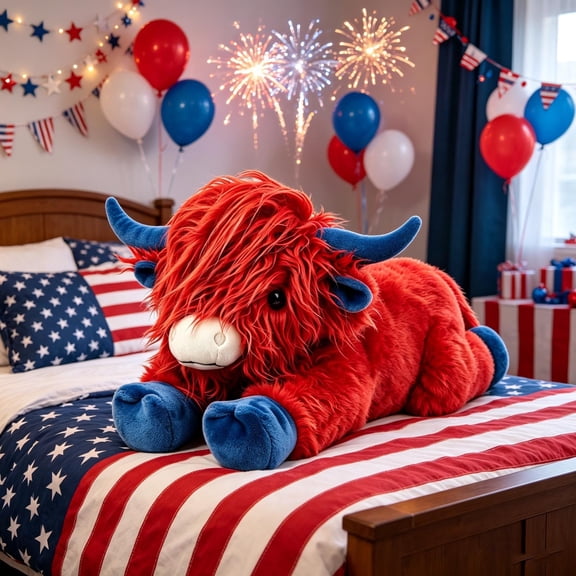 15 Inch Patriotic Highland Cow Plush Toy, Red/Blue Independence Day Stuffed Animal for Home Decoration & Gift