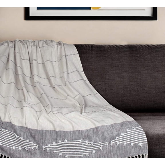 50" X 60" Ivory and Gray Woven Cotton Striped Throw Blanket with Fringe and Embroidery