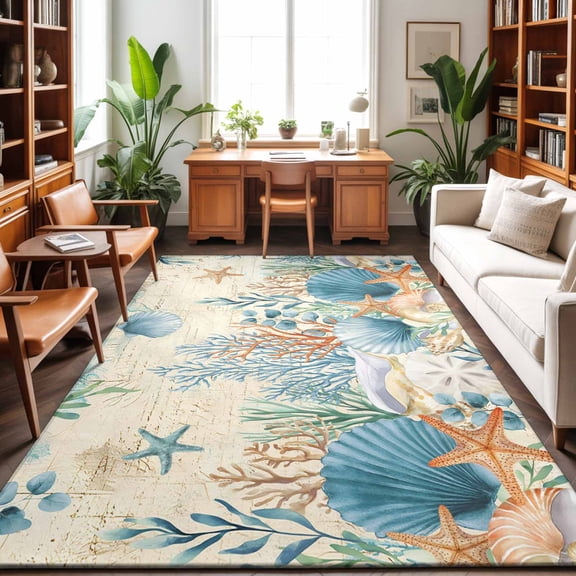 Large Area Rugs 9'x12', Teal Blue Coastal Carpet Runner Indoor Outdoor Rugs Home Decor Aesthetic, Summer Beach Starfish Shell Coral Nautical Retro Non Slip Mats Accent Rug for Living Room Bedroom