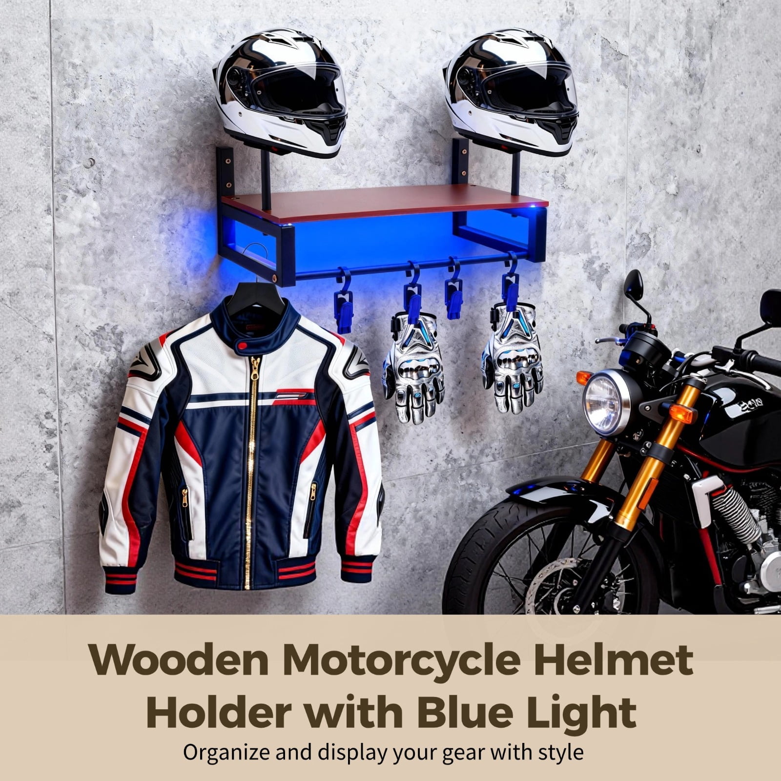 Wooden Motorcycle Helmet Holder with Blue Lights Strip, Sturdy Metal and Wood Frame Helmet Rack Wall Mount with 4 Hooks for Helmet, Gloves and Motorcycle Accessories Display