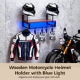 thumbnail image 3 of Wooden Motorcycle Helmet Holder with Blue Lights Strip, Sturdy Metal and Wood Frame Helmet Rack Wall Mount with 4 Hooks for Helmet, Gloves and Motorcycle Accessories Display, 3 of 6