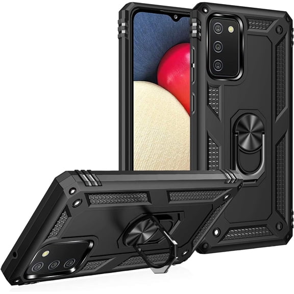 Grade Drop Impact for Samsung Galaxy A02S Case 360 Metal Rotating Ring Kickstand Holder Armor Heavy Duty Shockproof Case for Galaxy A02S Phone Case (Black)