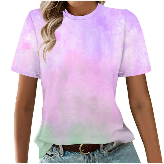 Fmbrln Womens Summer Short Sleeve T-Shirts Fashion Crew Neck Gradient Print Tops Casual Loose Vacation Beach Tees