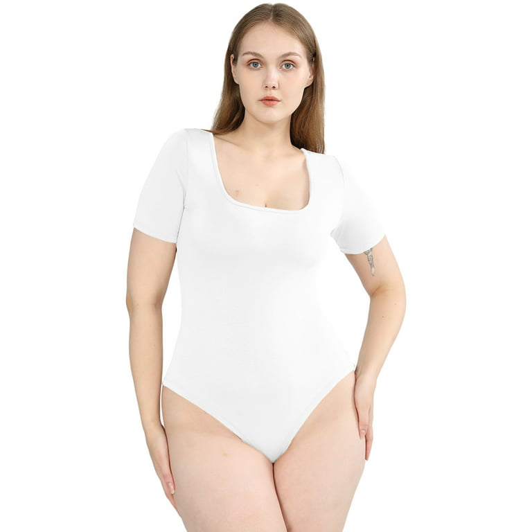 POSESHE Women's Plus Size Square Neck Short Sleeve Bodysuit, 3X, White