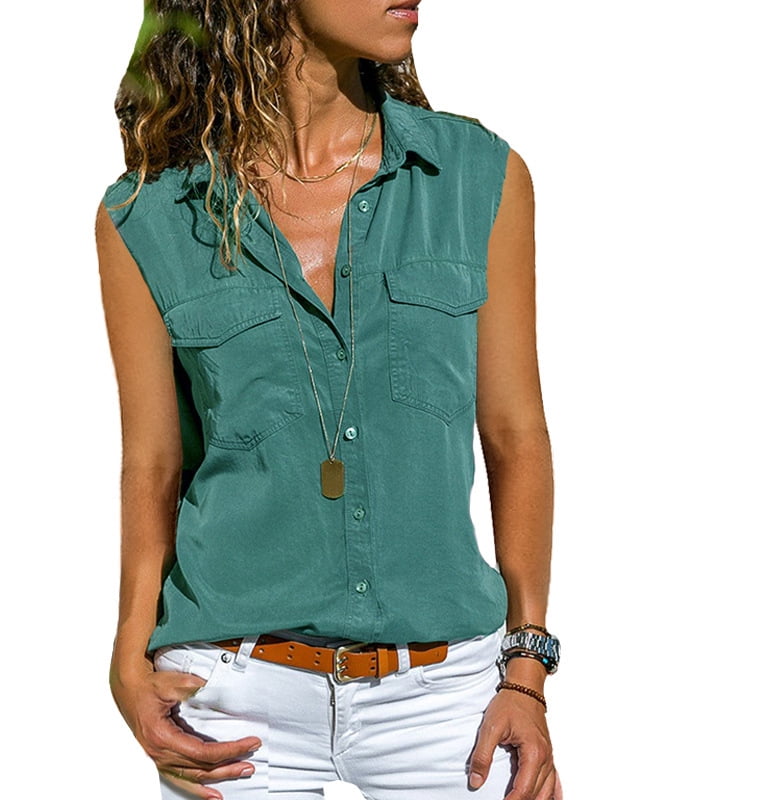 Fashion Women Summer Casual Solid Color Lapel Button Sleeveless Tops Green Shirt
