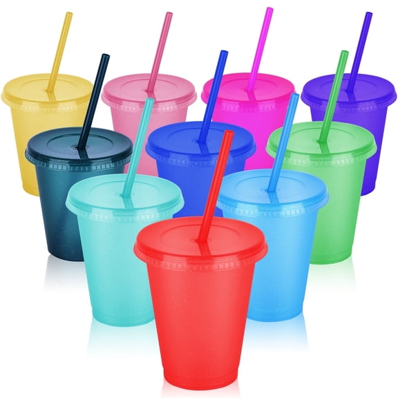 10pcs Reusable Plastic Cups with Lids and Straws, 16oz Colorful Straw Iced Coffee Travel Mug, Adults Plastic Cups for Parties, Tumblers Bulk