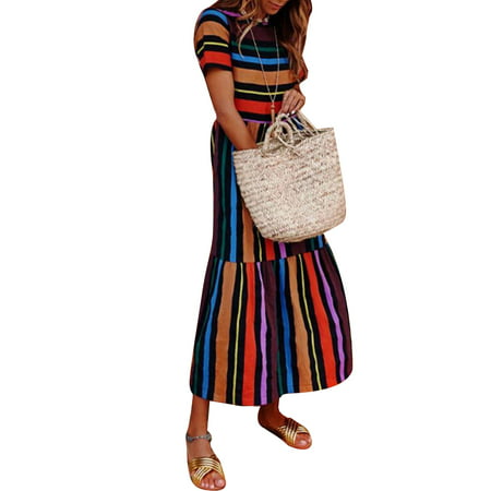 Boho Dress Women Summer Beach Sundress Casual Colorful Stripes Long Maxi Holiday Evening Party (Best Holiday Cocktail Dresses)