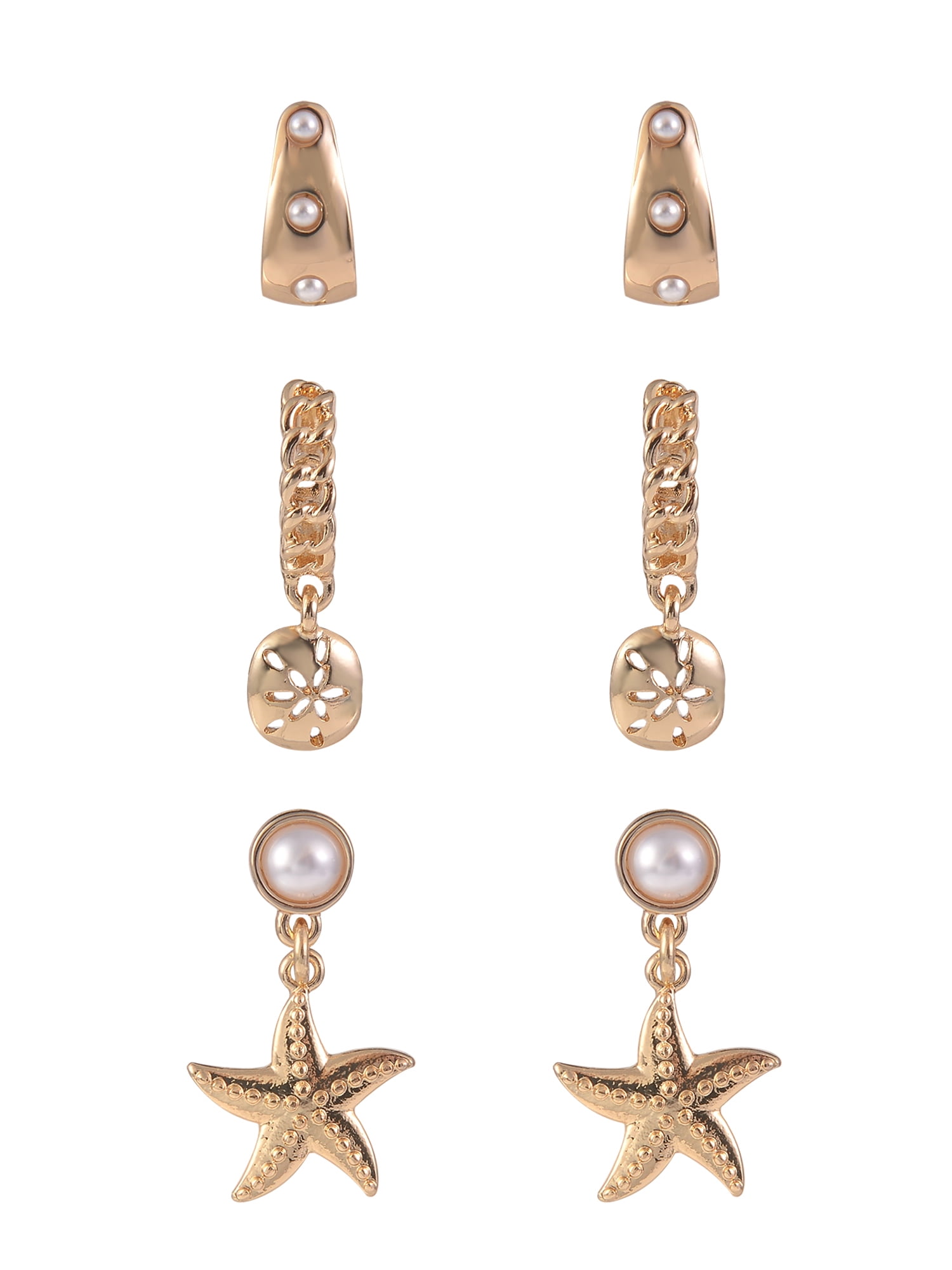 Time and Tru Women's Gold-Tone Metal Starfish and Acrylic Pearl Multi Earrings, 5 Pairs with Ear Cuff