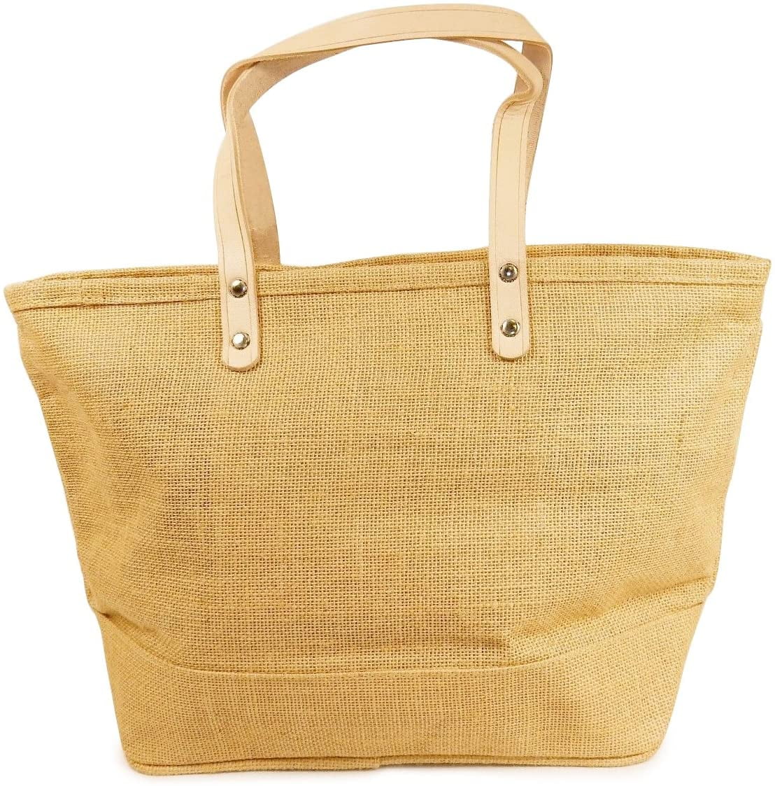 Jute Shopping Bag with Leather Handle Waterproof Travel Picnic Tote Bag S L 