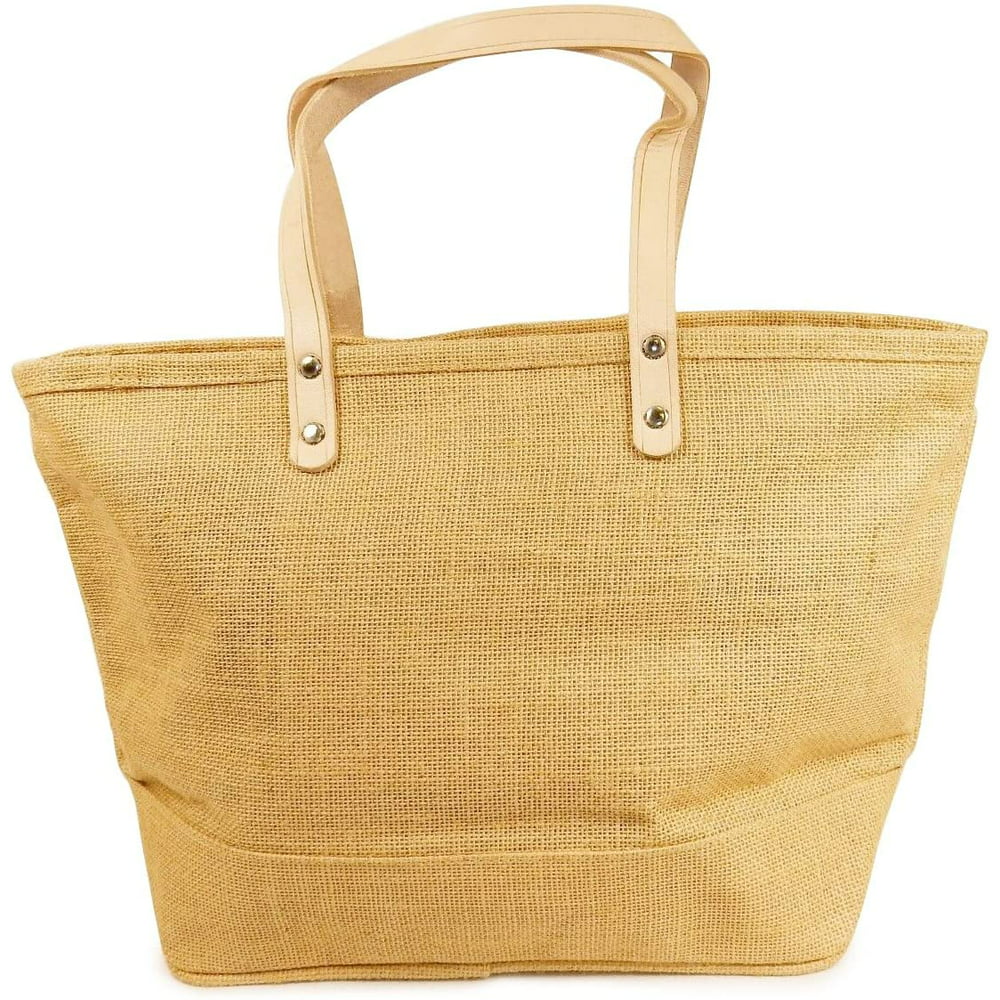 Prime-Line - Jute Tote Bag With Leather Handles - Burlap Purse ...