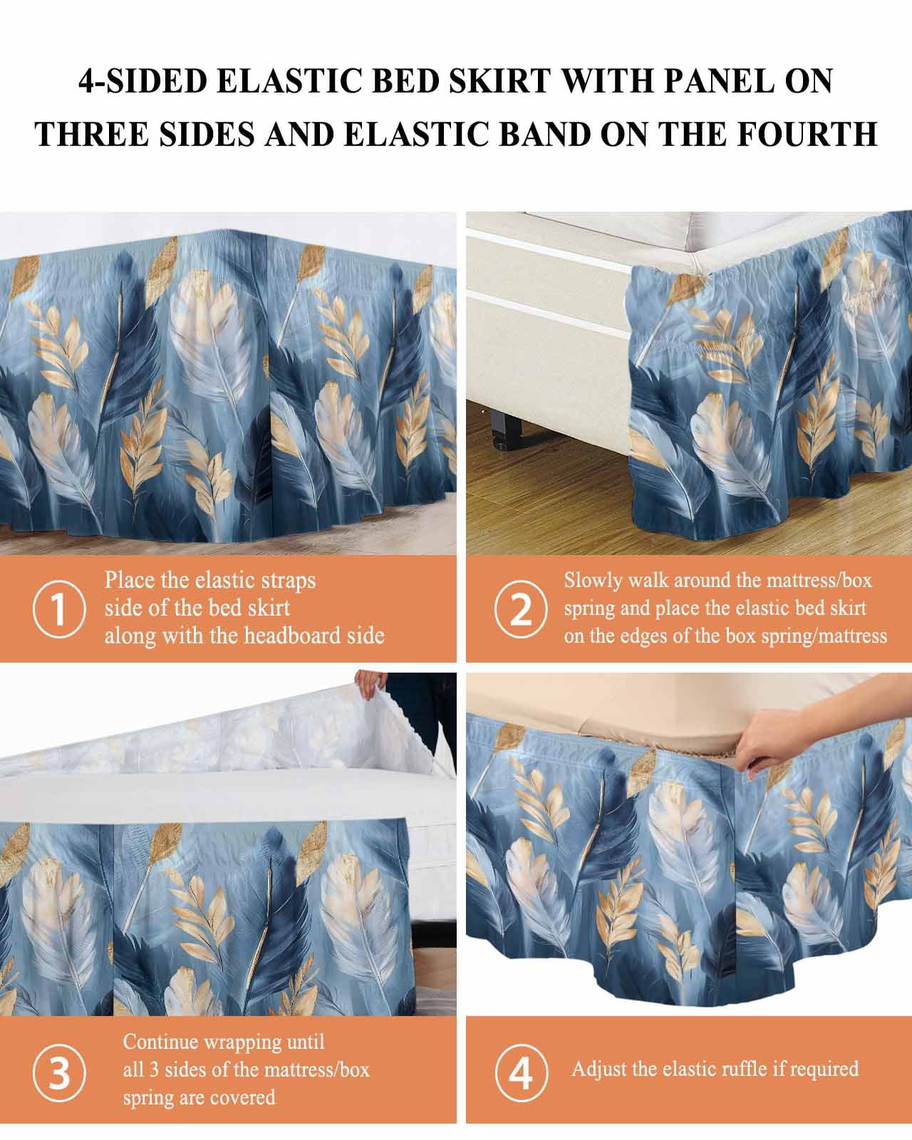Blue Gold Feather Wrap Around Bed Skirts for Queen Bed 16" Drop,Bed Skirt with Adjustable Elastic Belt Dust Ruffle Bed Valance for Bedroom Hotel Modern Oil Painting Gradient White Bed Frame Cover