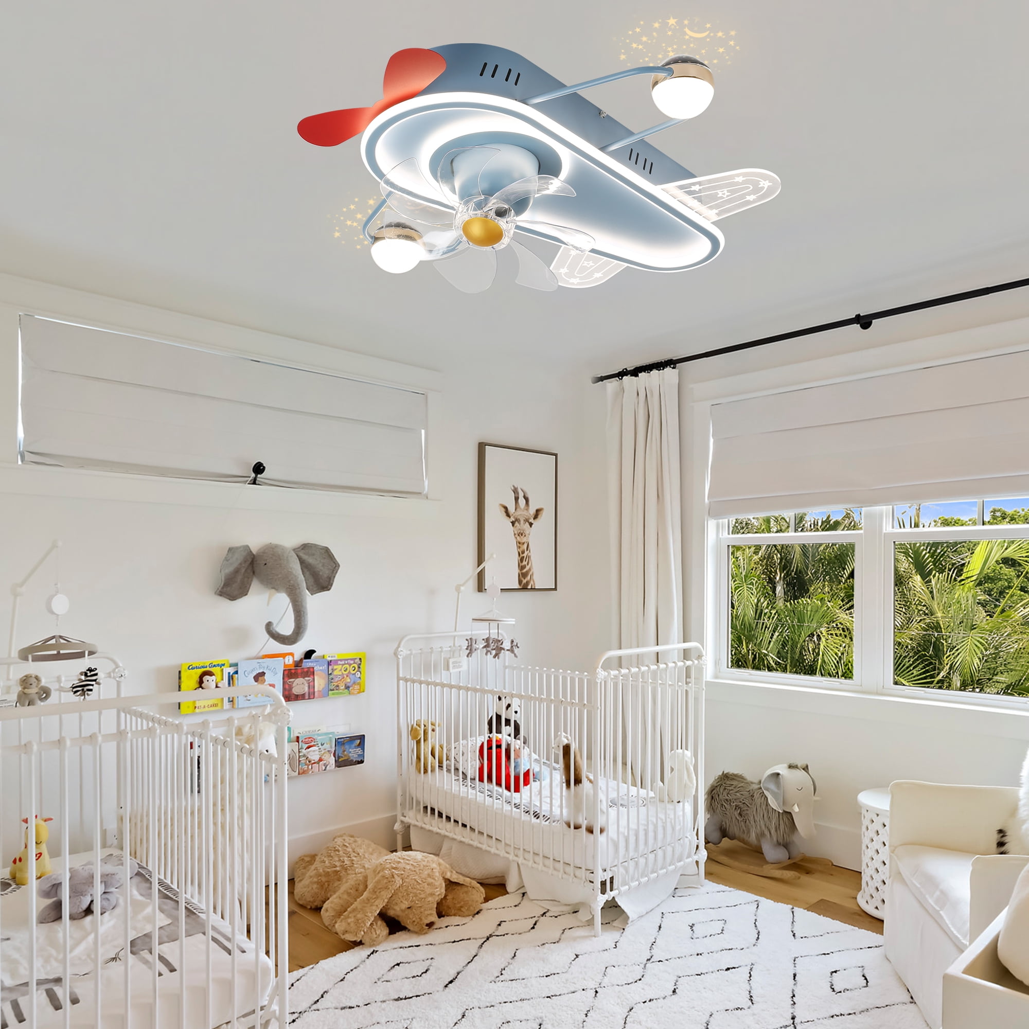Cusp Barn 26 Inch Creative Plane aircraft Ceiling Fan With LED Light, Low Profile Flush Mount Ceiling Fan with Remote APP Control for Kids Bedroom