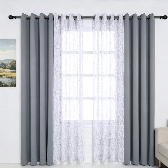 Mix and Match Curtains - 2 Pieces Branch Print Sheer Curtains and 2 Pieces Blackout Curtains for Bedroom Living Room Grommet Window Drapes, 54x84 Inch/Panel, Light Grey, Set of 4 Panels