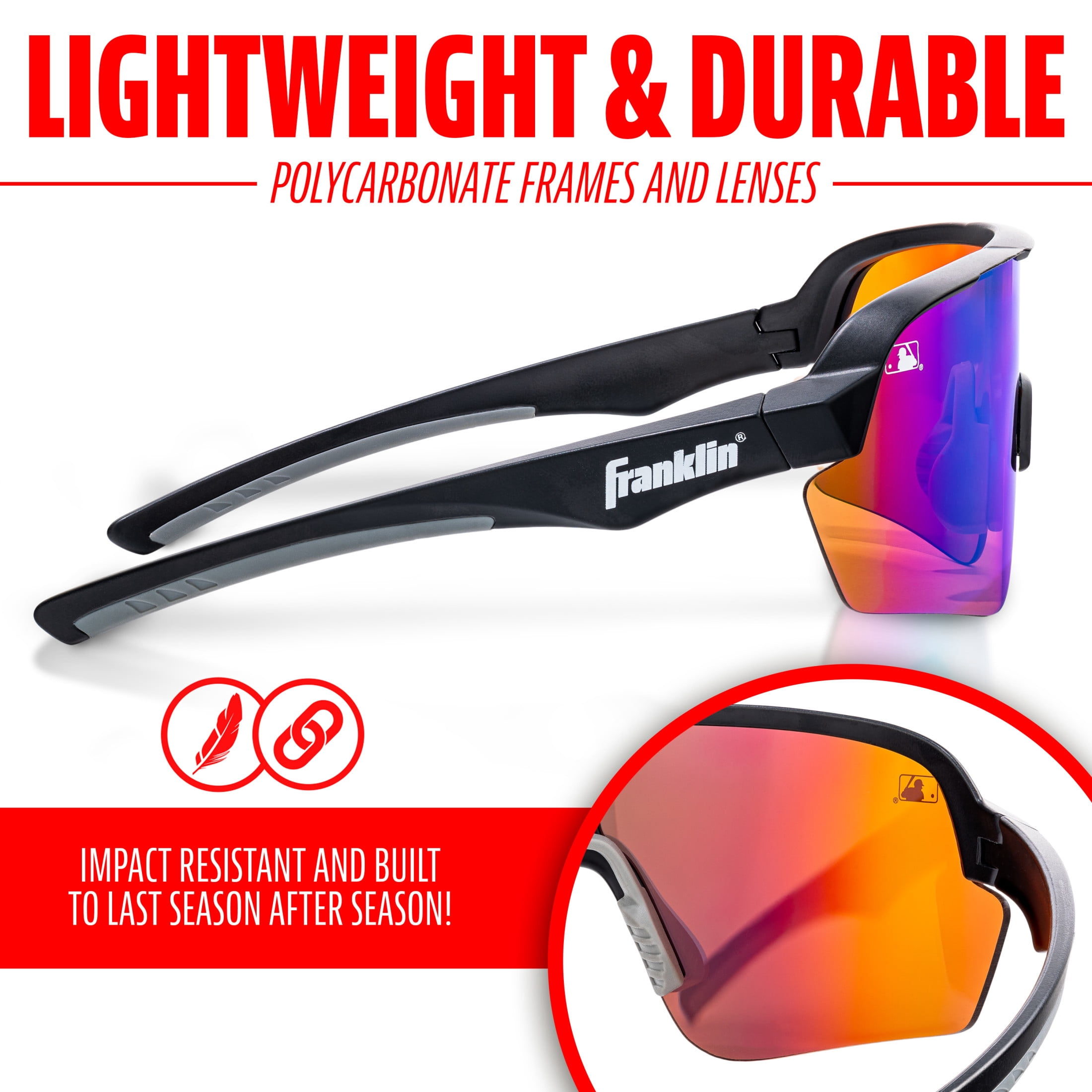 Franklin Sports MLB Baseball Pro Sunglasses - Baseball + Softball Sunglasses for Kids + Adults - Lightweight Sports Sunglasses for UV Protection - All Sport Sunglasses with Carry Case - Black