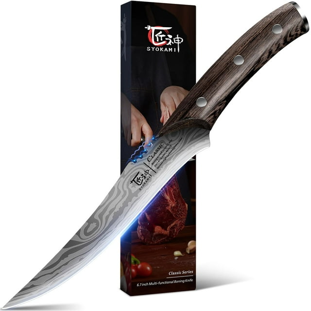 Cuchillo de cocina SYOKAMI con mango de madera de Damasco deshuesado de 6.7 pulgadas