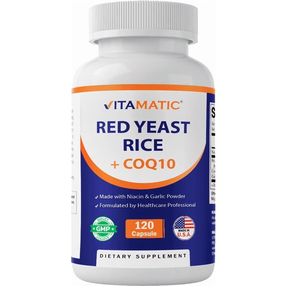 Vitamatic Citrinin-Free Red Yeast Rice 1200 mg. Capsules with CoQ10 100mg, Flush Free Niacin 100mg, & Garlic Powder 20mg - 120 Veg Capsules