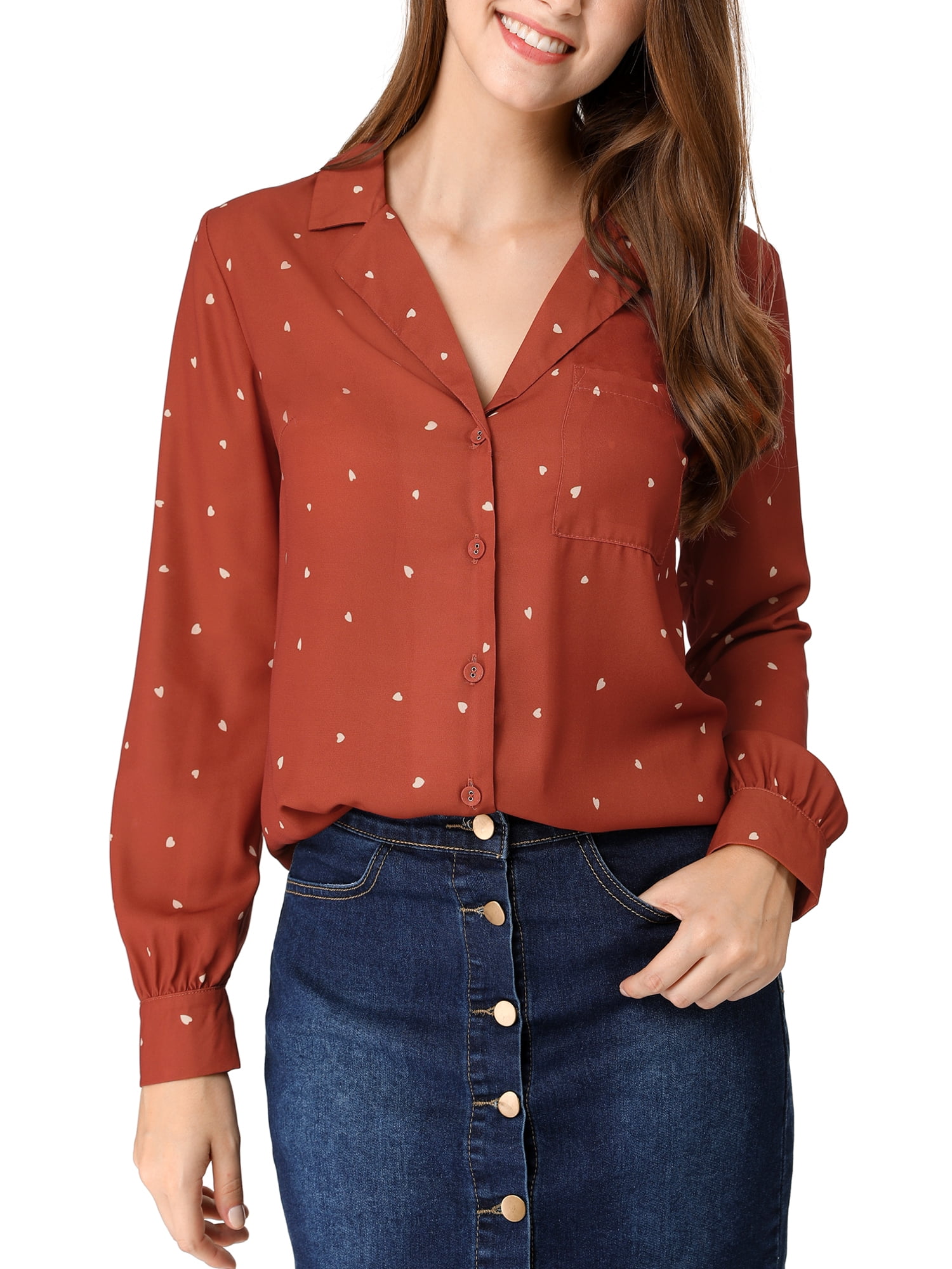 DARING DIVA Women's Notched Lapel V Neck Heart Polka Dots Shirt S Brown Red