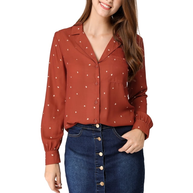 INSPIRE CHIC Women's Heart Polka Dots Button Up V Neck Long Sleeve Shirts