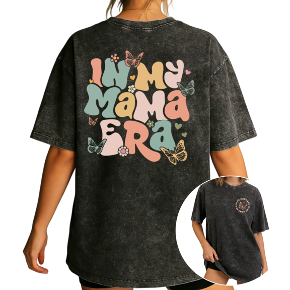 Women's In My Mama Era Retro Groove Butterfly Flower Graphic Short Sleeve Washed Tee Black S-2XL Plus Size
