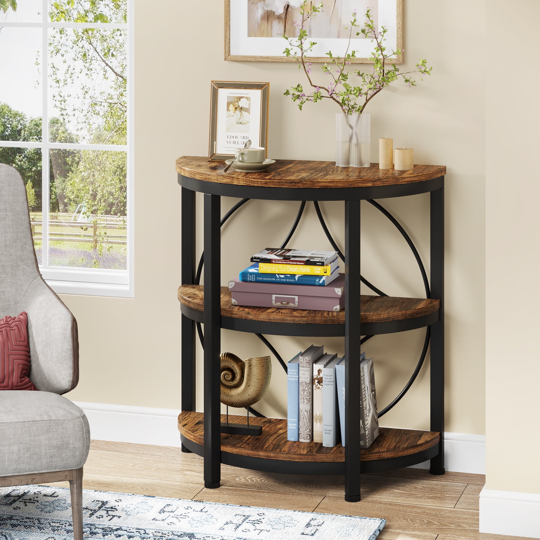 Tribesigns Half Round End Table, 3-Tier Narrow Side Table with Metal Frame