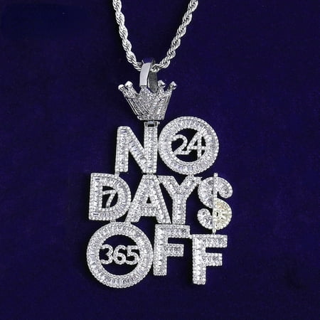 Heyoubi Iced Out No Days Off Crown Bail Necklace Pendant for Men Prong Setting Real Gold Plated Hip Hop Jewelry