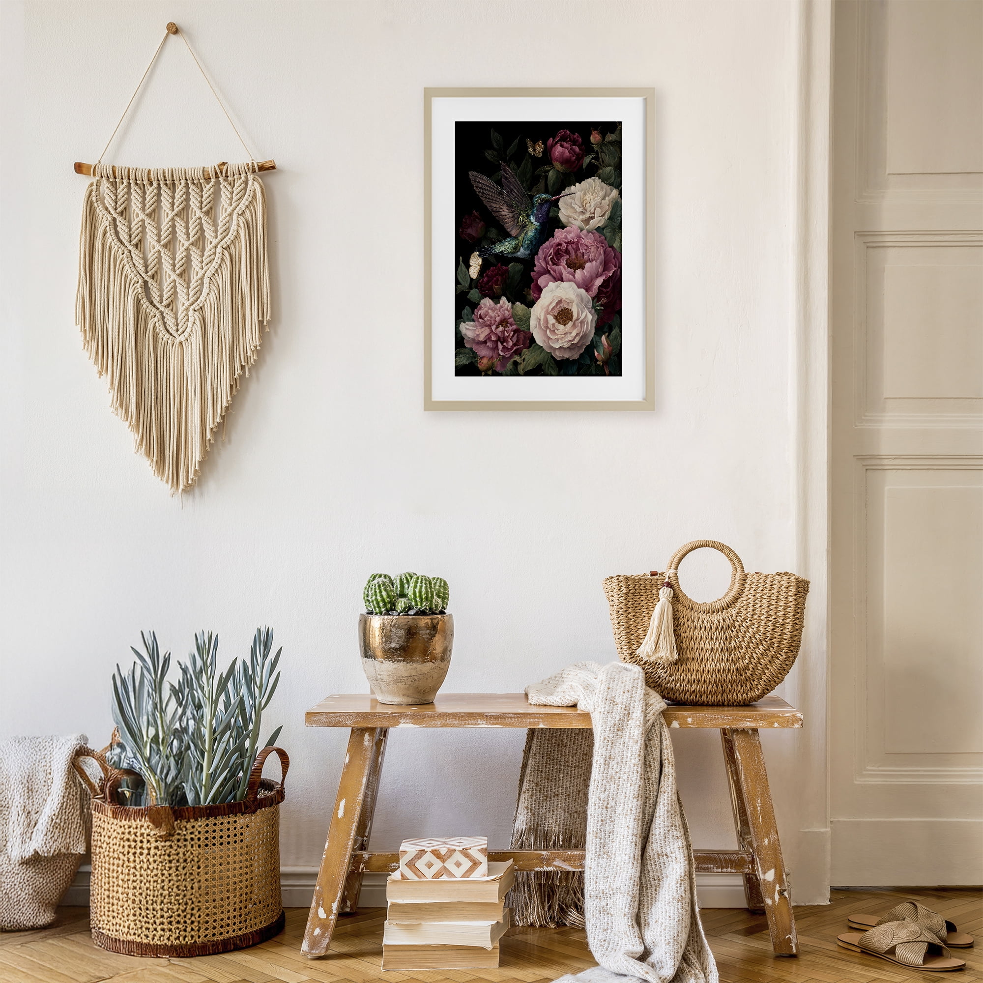 Stupell Industries Hummingbird & Lush Peonies Birch Framed Print Under Glass, design by The Wands Want