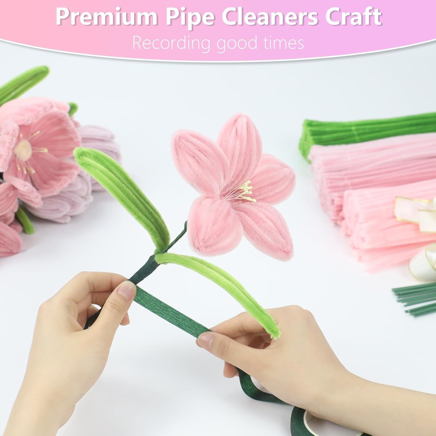 400 Pcs Pipe Cleaners Craft Set, 4 Colors Chenille Stems Bulk, DIY Flower Making Kit with Floral Wires, Floral Tape, Stamen & Ribbon for Arts, Crafts & Floral Arrangements