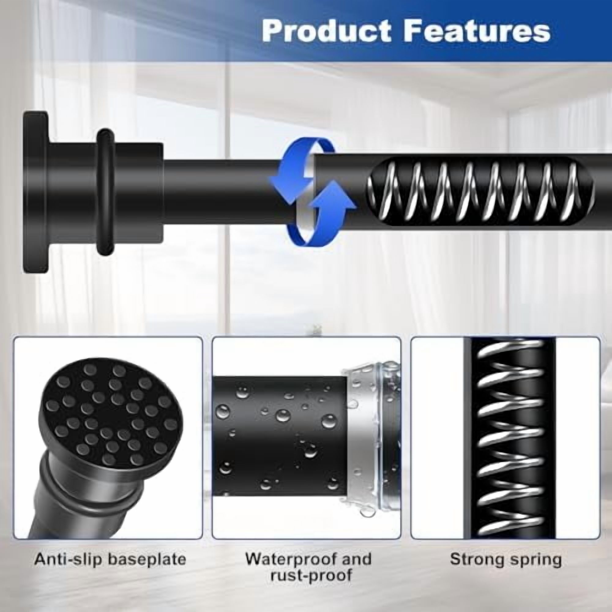 Black Tension Curtain Rod 28-48 Inch, Adjustable No Drilling Spring Rod for Windows, Bathroom, Bedroom, Doorway & Closet
