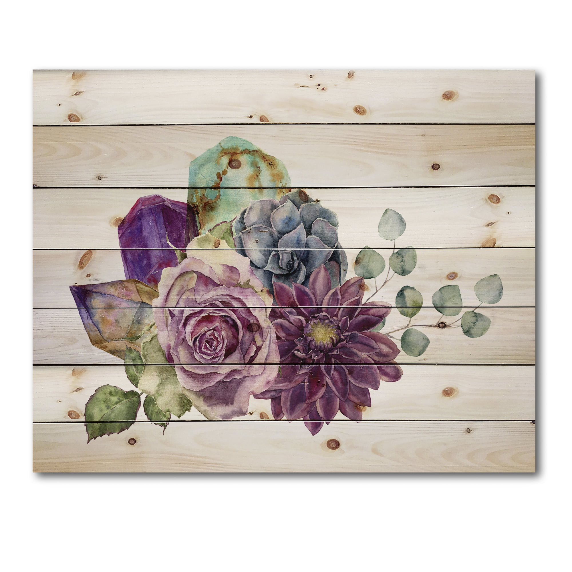 Designart 'Bouquet of Succulents Eucalyptus With Flowers' Traditional Print on Natural Pine Wood
