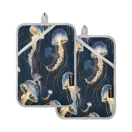 

Two Pieces Of Square Heat Insulation Pad Oven Mitts 7x9.8 Inch Oven Microwave Kitchen Cooking Baking Blue Jellyfish
