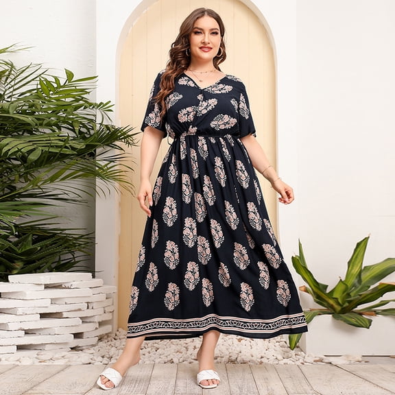 AURA Plus Size Retro Geometric Maxi Dress V Neck Short Sleeve Elastic Waist Pleated Long Dress with Side Slit for Spring