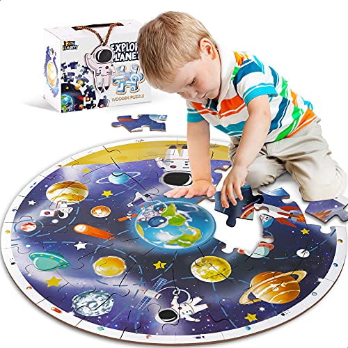 iPlay iLearn Puzzle en bois Système Solaire Puzzle Circulaire Planètes  Espace d'Apprentissage Jouet Éducatif Enfants Cadeaux pour 3 4 5 6 7 Ans  Enfants Garçons Filles Tout-Petits (Bleu) 