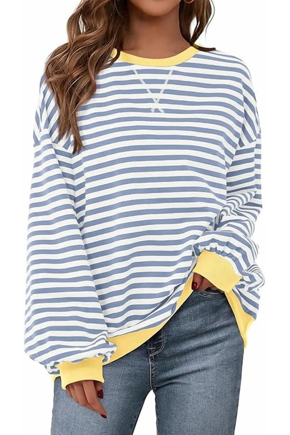 Womens Striped Oversized Sweatshirt Color Block Crew Neck Long Sleeve Casual Loose Pullover Top Y2K Clothes