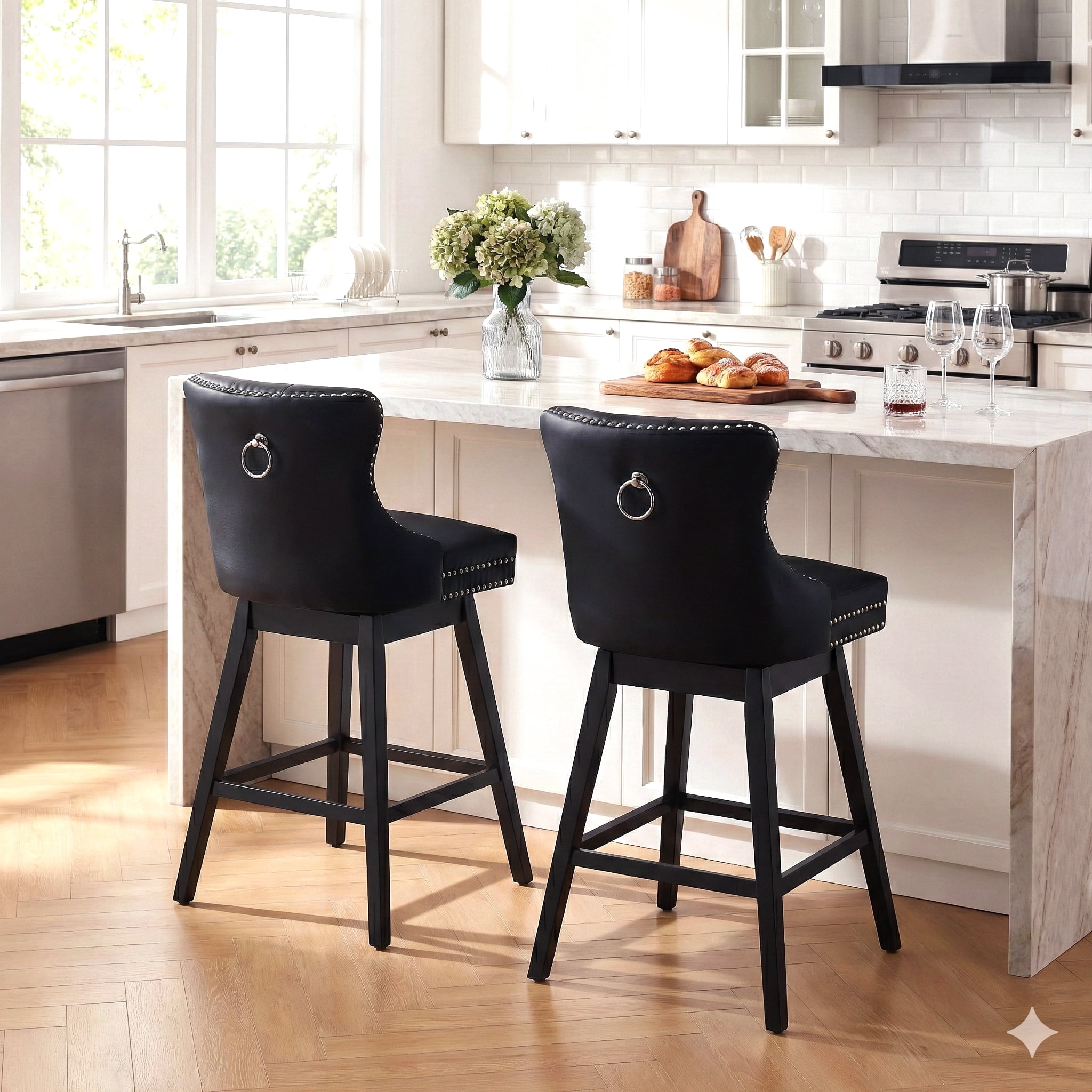 Fahomiss 26" Counter Height Swivel Bar Stools 1-pack, Faux Leather Kitchen Island Stools with Back, Black